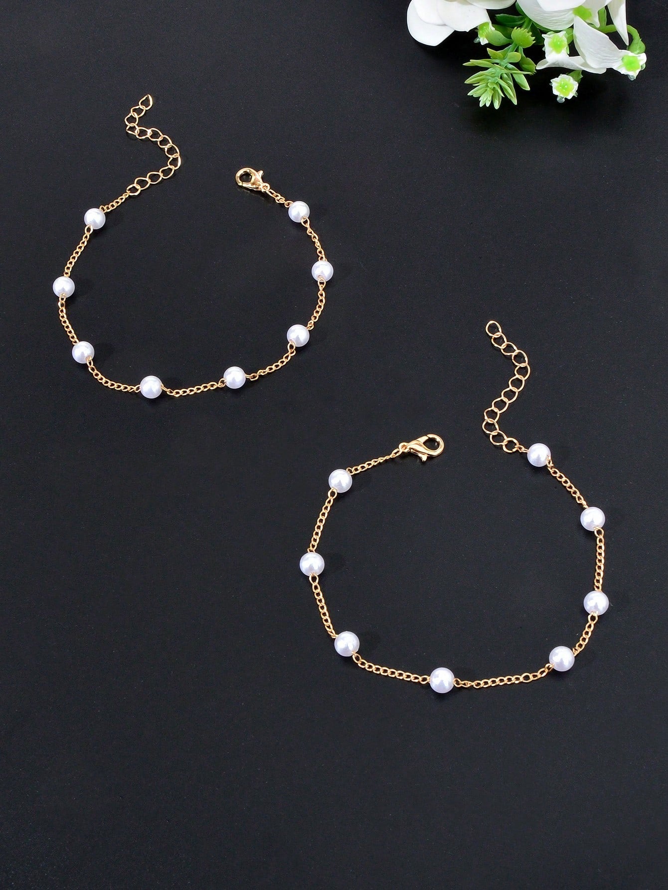 Set of 2 Pearl-Adorned Chain Anklets - Stylish Footwear Accessories Feet Jewelry-1