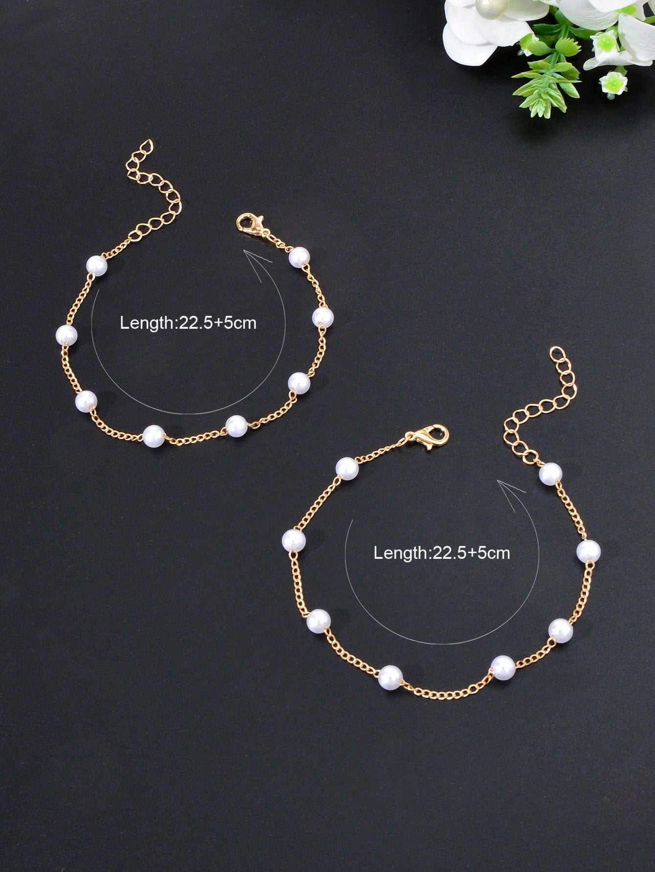 Set of 2 Pearl-Adorned Chain Anklets - Stylish Footwear Accessories Feet Jewelry-3